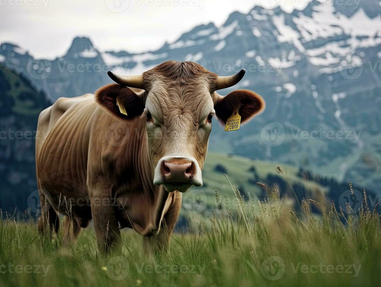 ai gerado panorama majestoso vaca pastar dentro a alpes montanhas foto