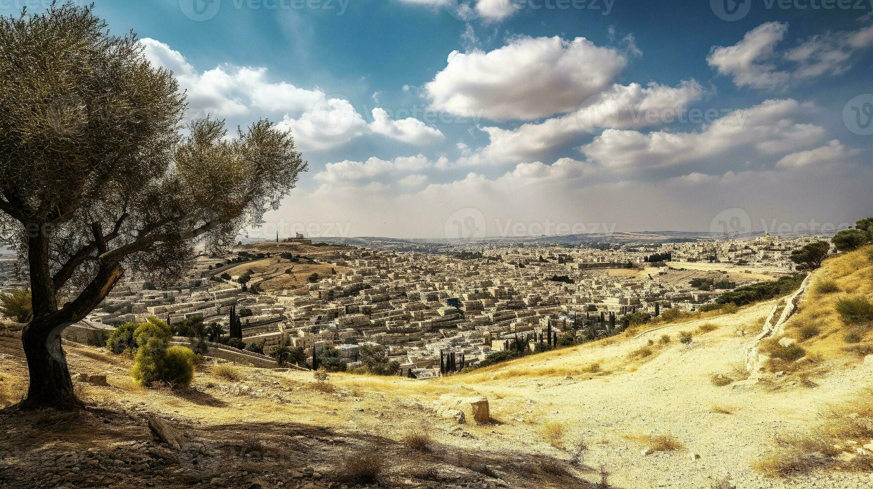 uma ampla Visão do Jerusalém a partir de a montar do azeitonas generativo ai foto