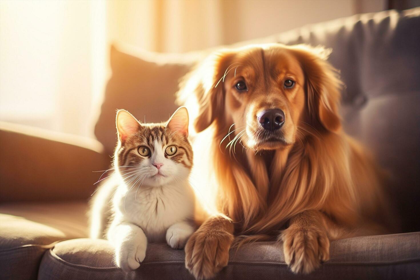 ai gerado família cachorro engraçado chão gato amigáveis descansar deitado animal feliz gatinho interior mamíferos amigo fofa animais de estimação Diversão dourado retriever foto