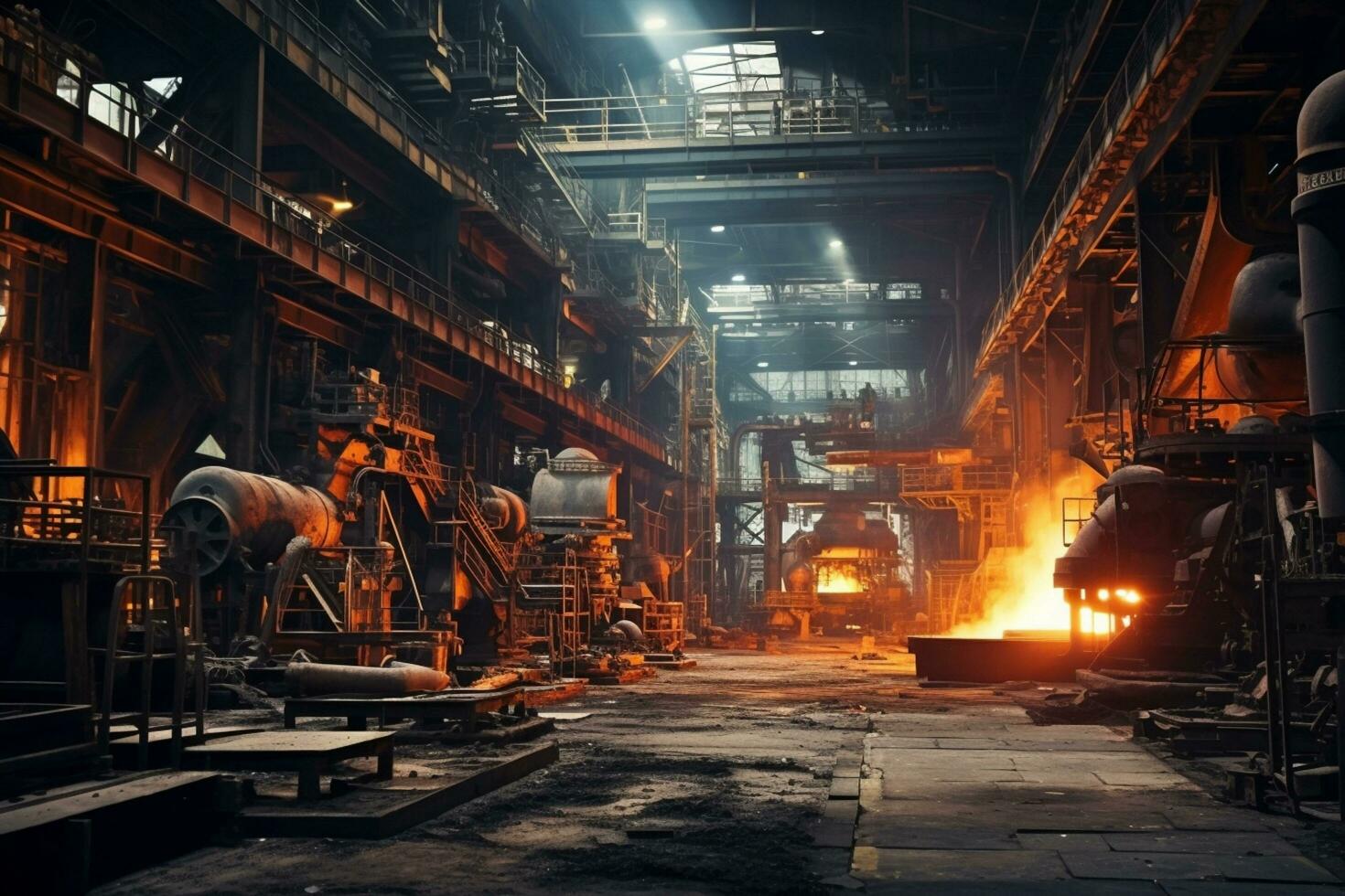 ai gerado fábrica calor aço quente pesado fabricação fundição equipamento ferro metálico fundido fundição forno metalurgia Produção industrial plantar fundição metalúrgico foto