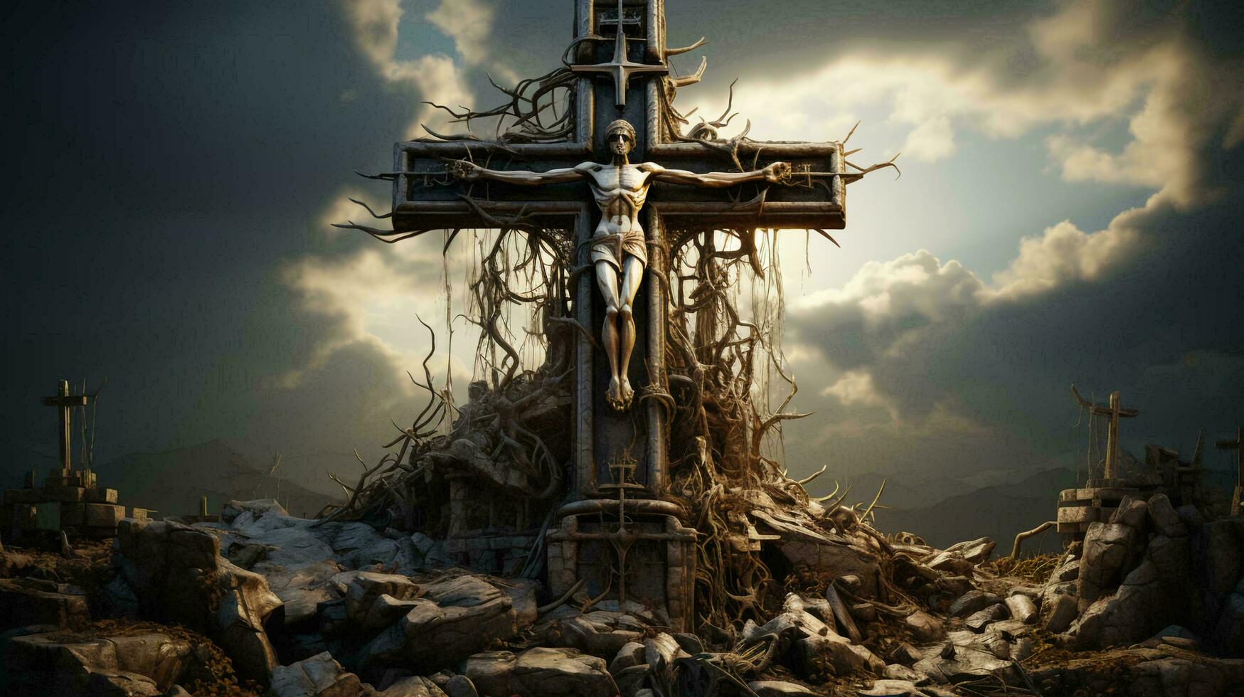 gerado por IA arrepiante de madeira cristão Cruz com crucifixo foto