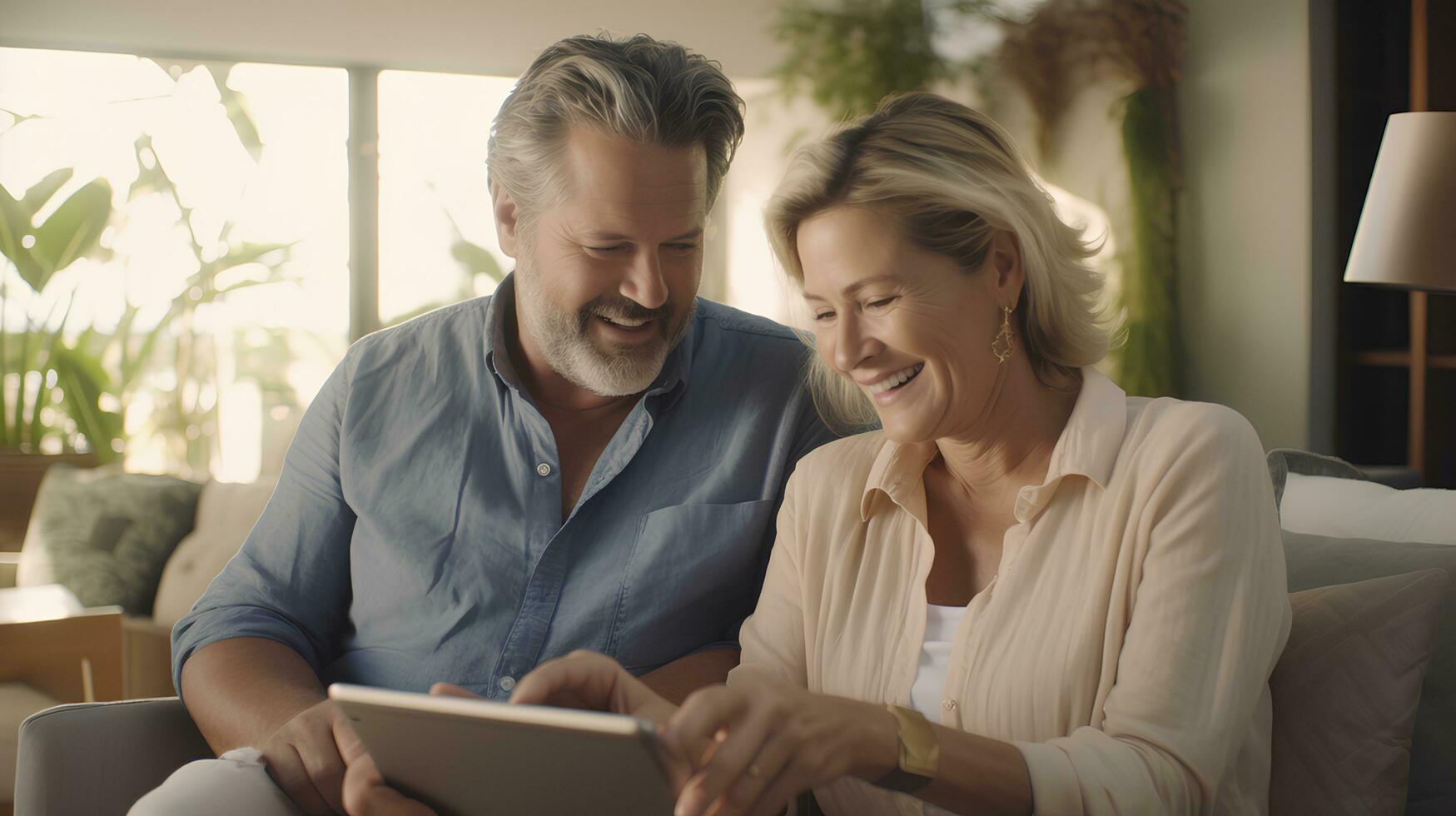 feliz casal desfrutando qualidade Tempo dentro vivo quarto com tablet.ai generativo foto