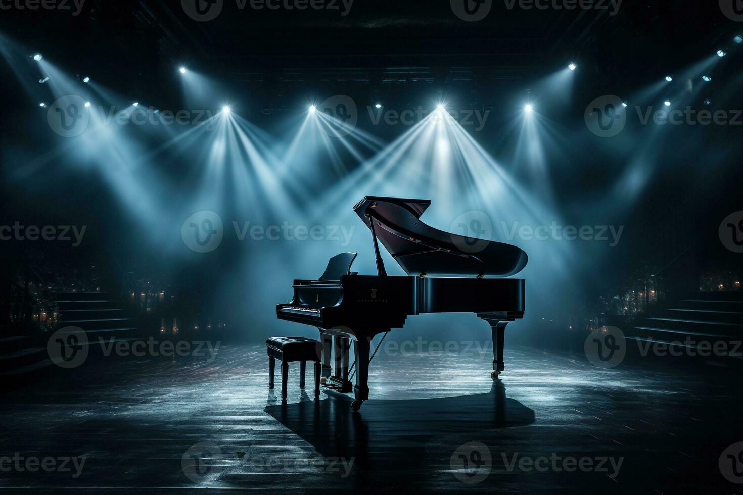 a piano é dentro a Centro do a etapa dentro a luz do a holofotes. musical desempenho foto