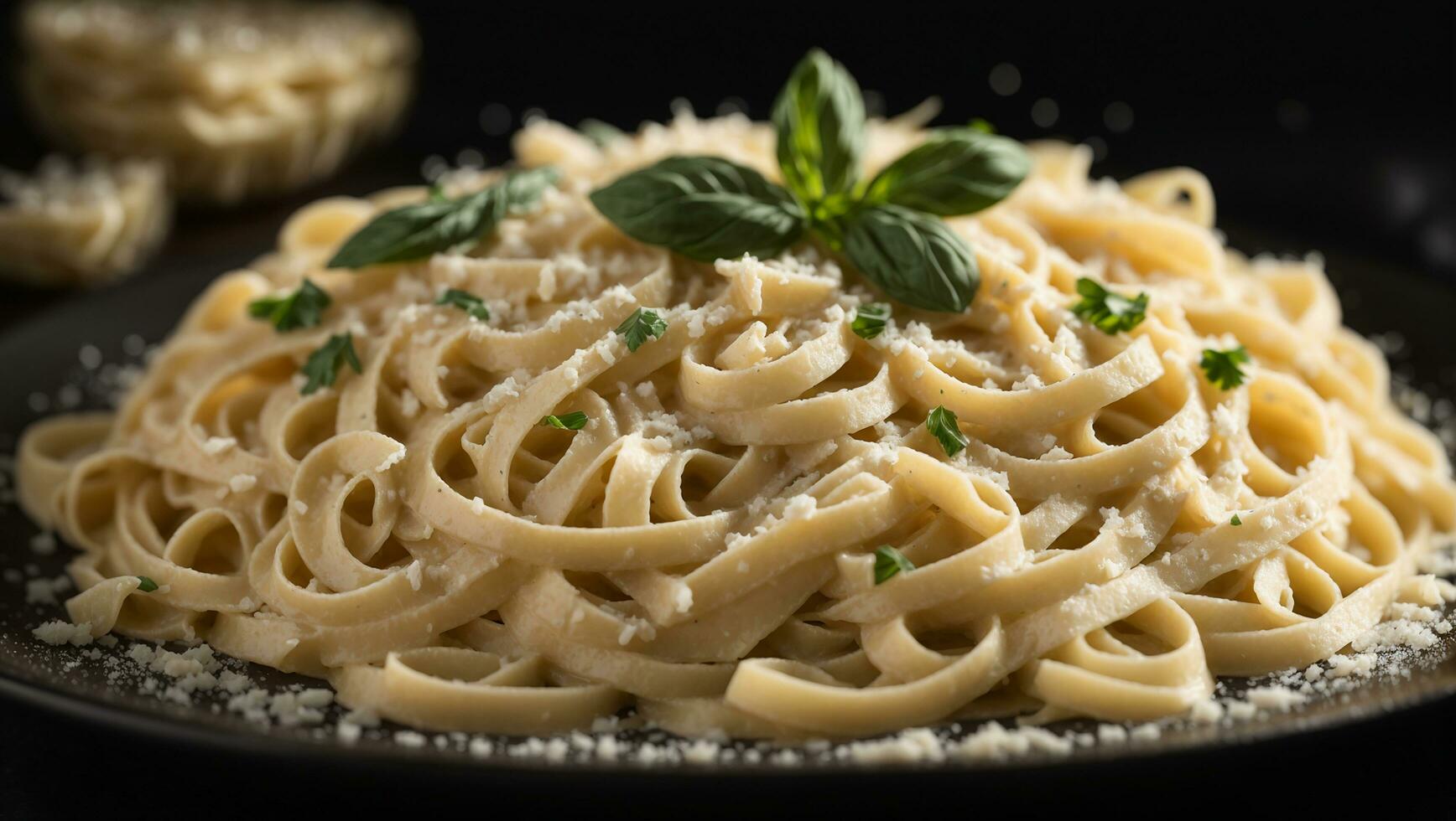 caseiro italiano fettuccine massa com creme molho e parmesão queijo, fettuccine Alfredo com parmesão queijo, tradicional italiano cozinha, Sombrio de madeira mesa fundo, ai generativo foto