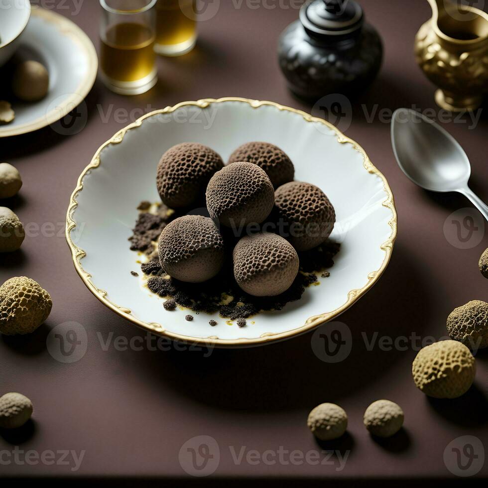 retratar uma prato elevado de a usar do Brigadeiro, exibindo Está rico, terreno aroma e decadente sabor, ai generativo foto