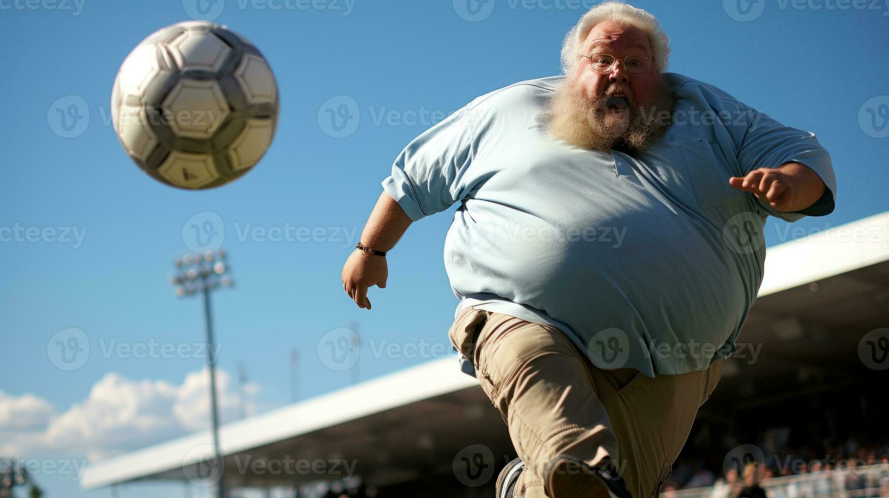 Senior engraçado gordo homem jogando futebol em uma futebol campo com uma bola dentro ar. foto