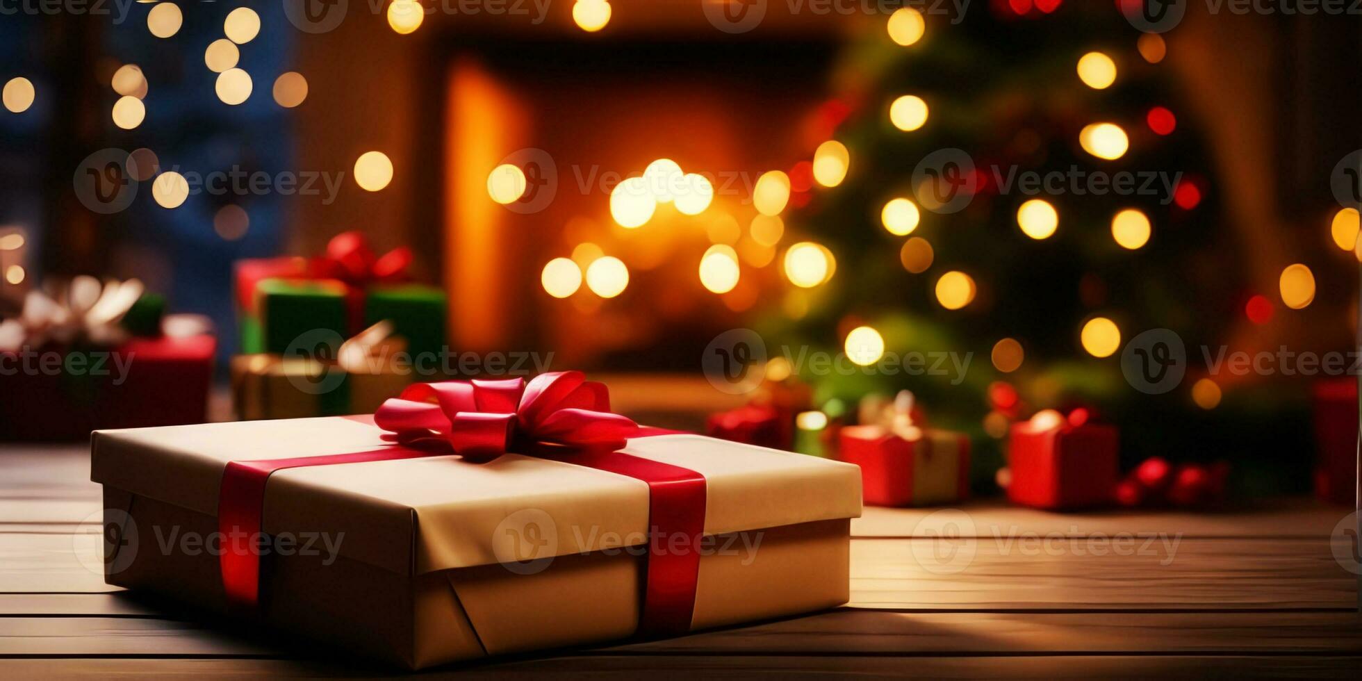 de madeira mesa e presente decorações com borrado Natal árvore background.generative ai. foto
