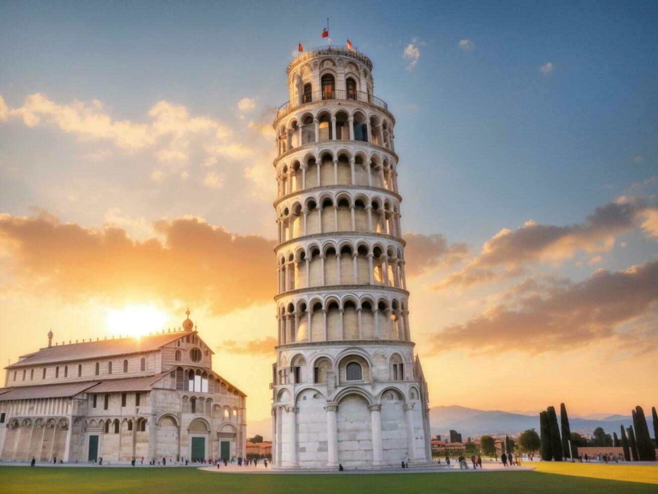 a fotos inclinado torre dentro pisa Itália com lindo nascer do sol. ai gerado.