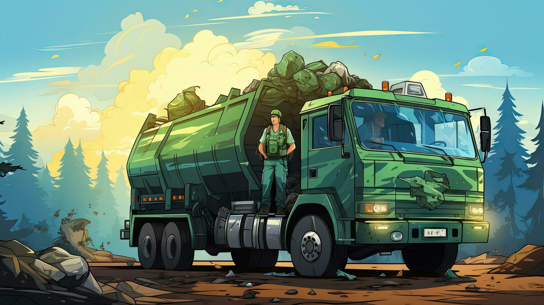 desenho animado ilustração do uma homem em pé dentro frente do uma lixo caminhão. foto