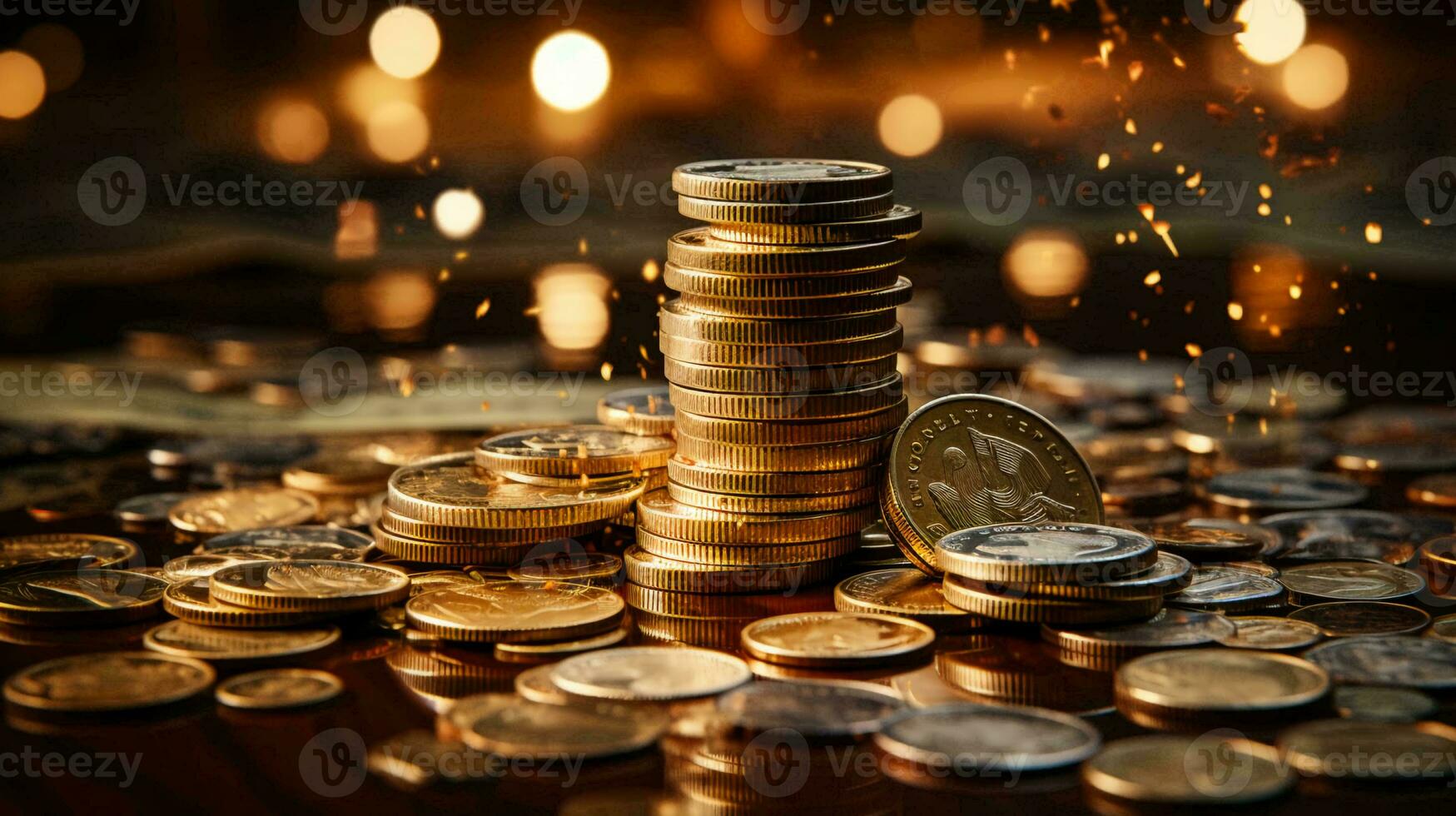 gerado por IA ouro moedas e dinheiro estão espalhados em a mesa. conceito do riqueza e salvando dinheiro foto