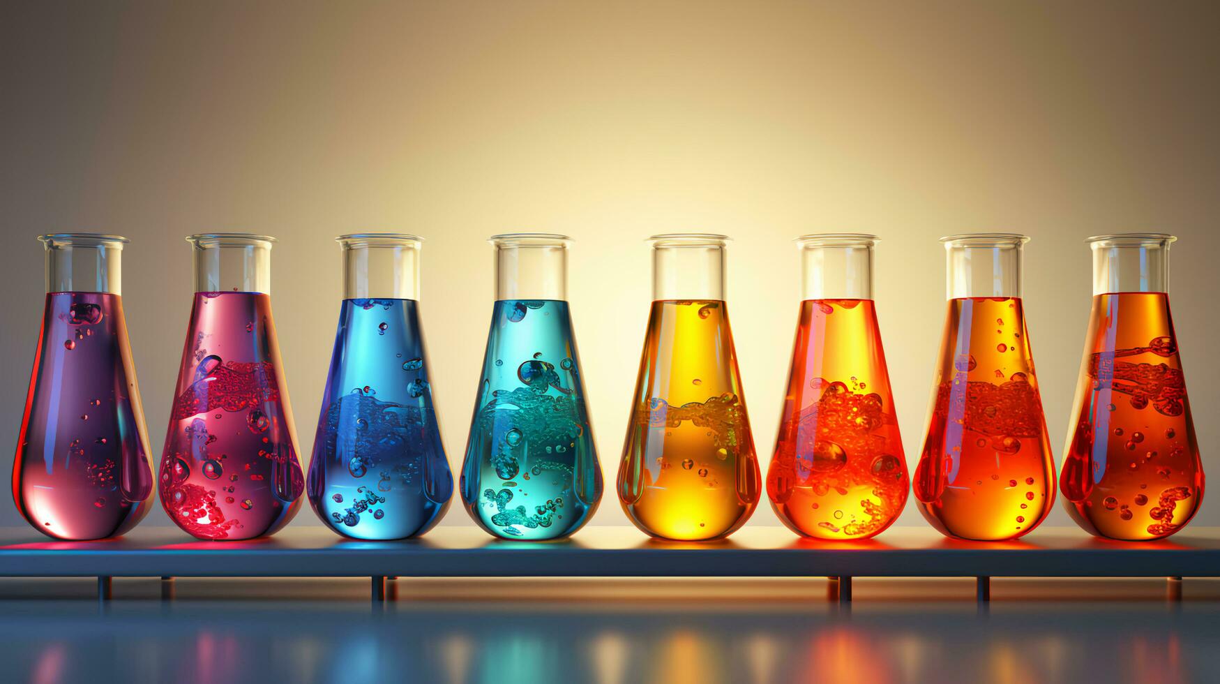 gerado por IA multicolorido vidro frascos e frascos com químico teste tubos dentro uma científico médico microbiológico laboratório com pesquisa equipamento foto