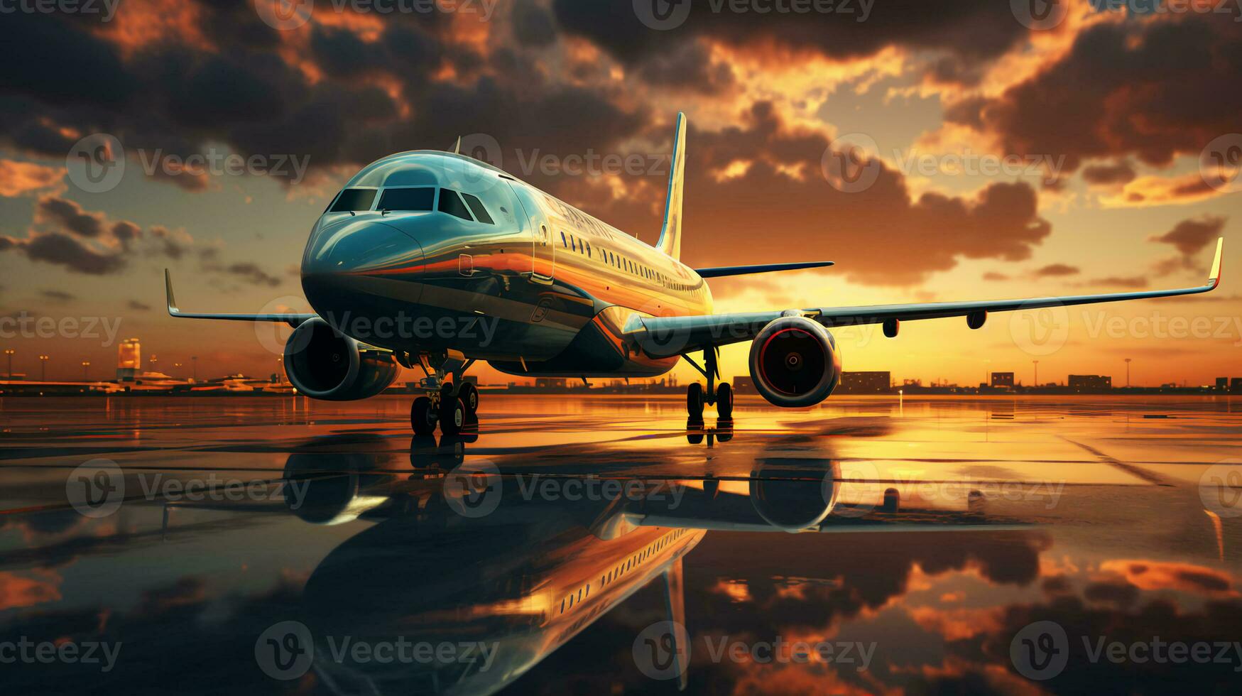 gerado por IA ampla passageiro avião em a pista às pôr do sol. período de férias viagem e voos conceito foto