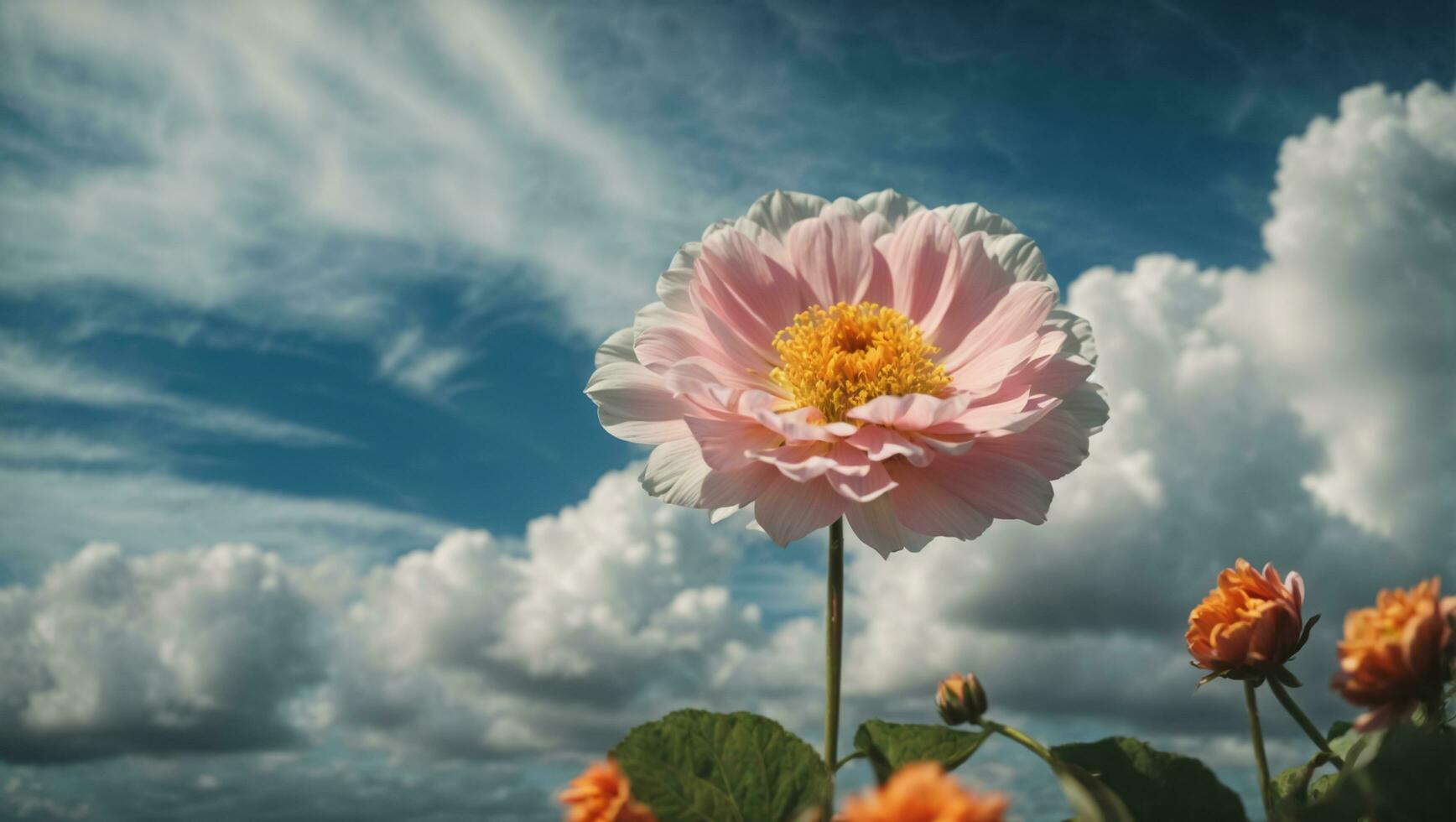 lindo colorida flores com azul céu e nuvens fundo, idílico Prado. ai generativo foto