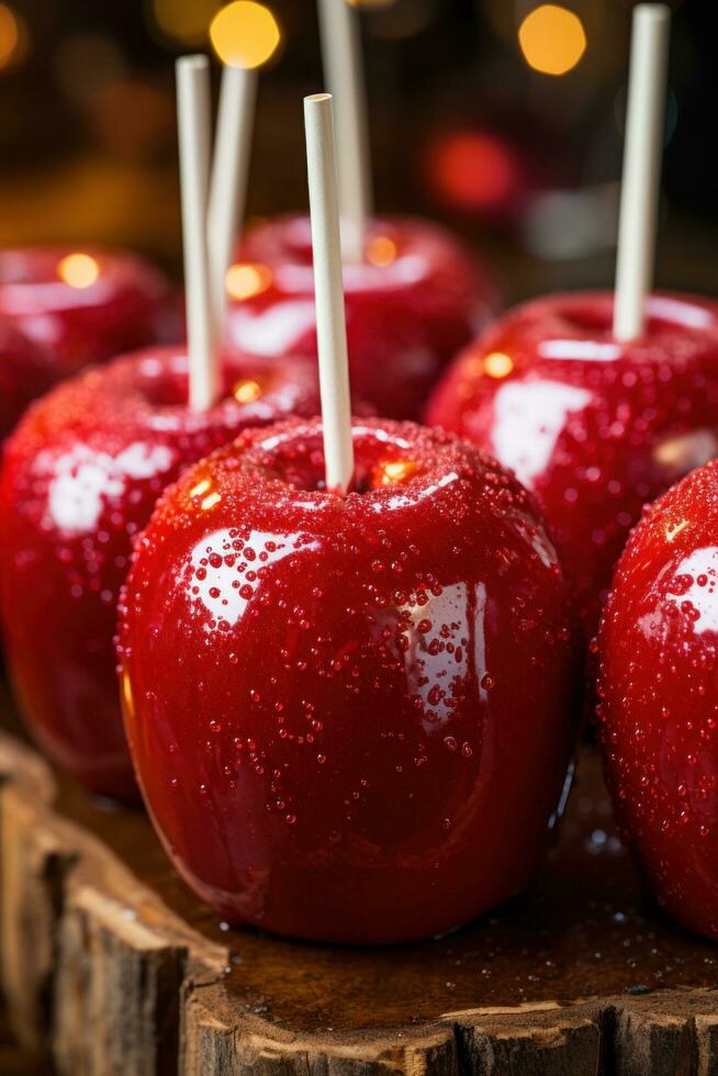 delicioso envidraçado vermelho caramelo doce maçãs em Gravetos foto