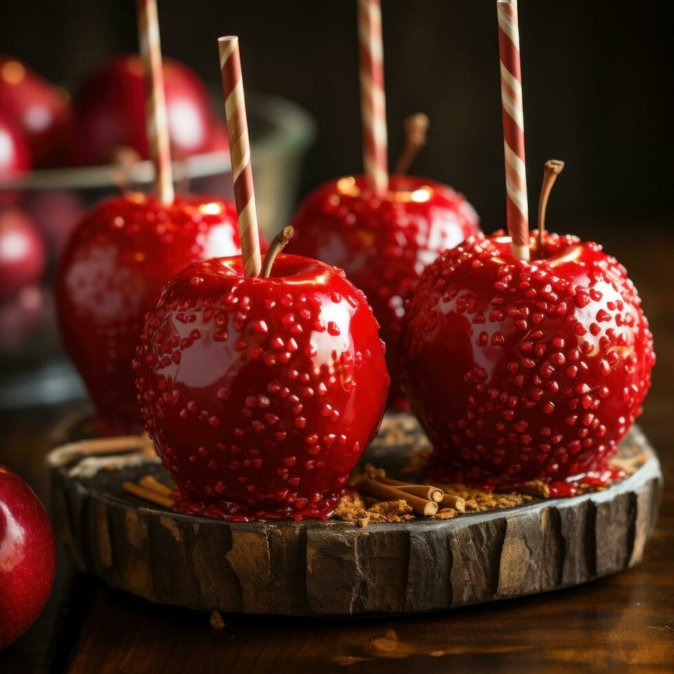 delicioso envidraçado vermelho caramelo doce maçãs em Gravetos foto