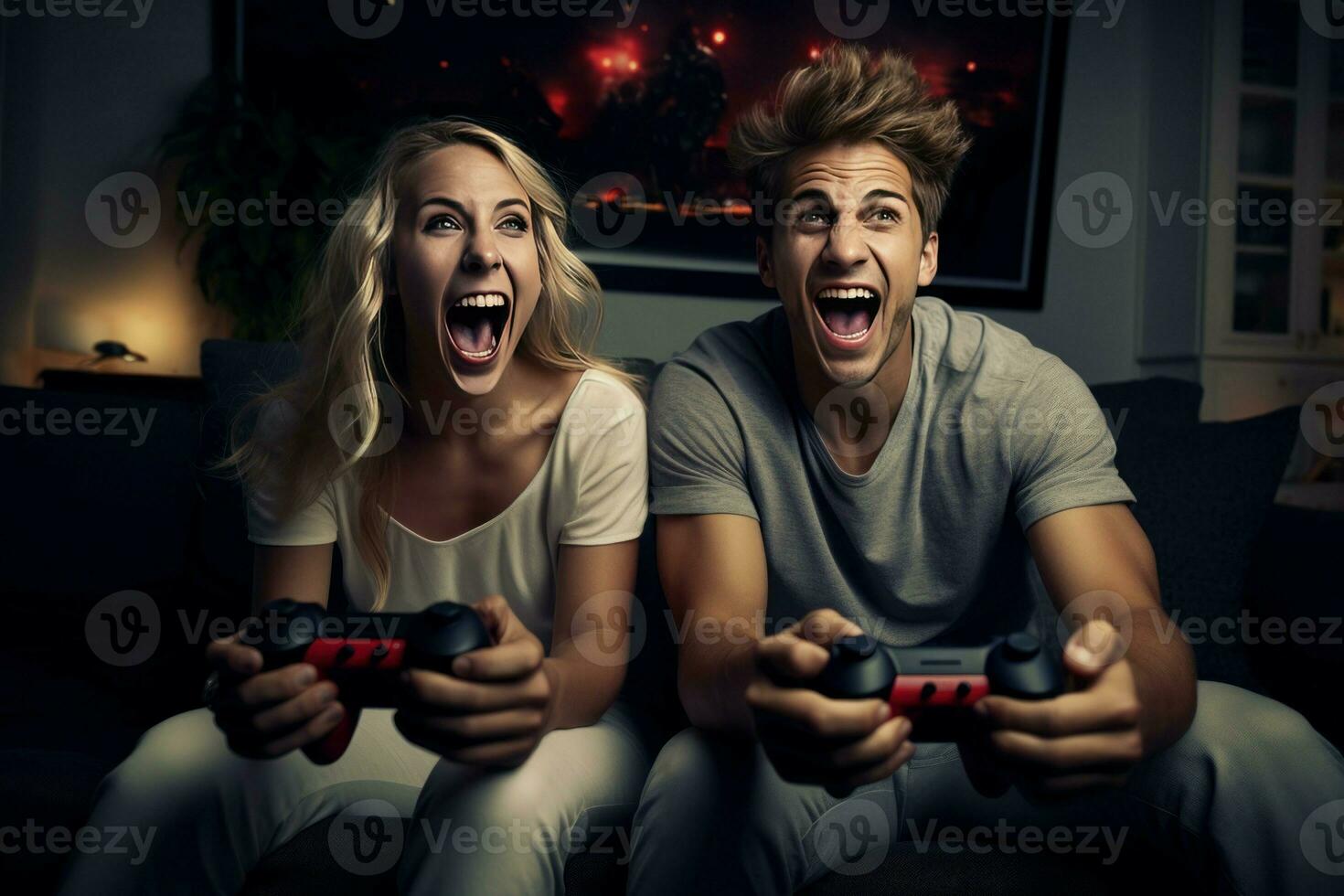 emocional casal sentado em sofá jogando vídeo jogos. gerar ai foto