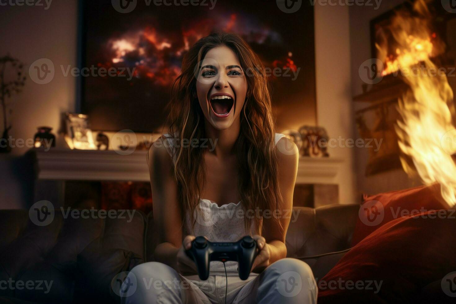 emocional mulher sentado em sofá jogando vídeo jogos. gerar ai foto