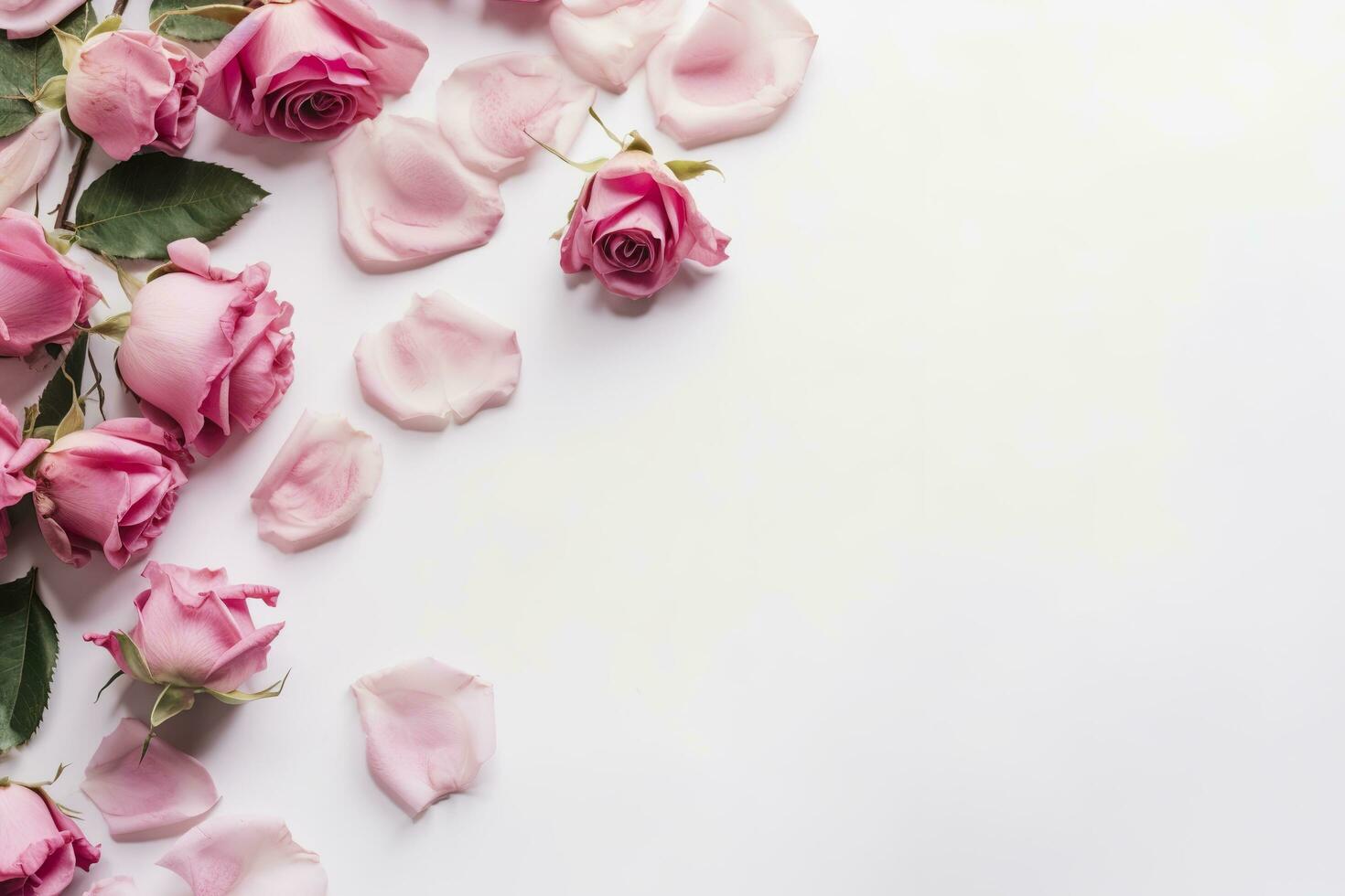 fechar acima do florescendo Rosa rosas flores e pétalas isolado em branco mesa fundo. floral quadro, Armação composição. decorativo rede bandeira. esvaziar espaço, plano deitar, topo visualizar. ai generativo foto