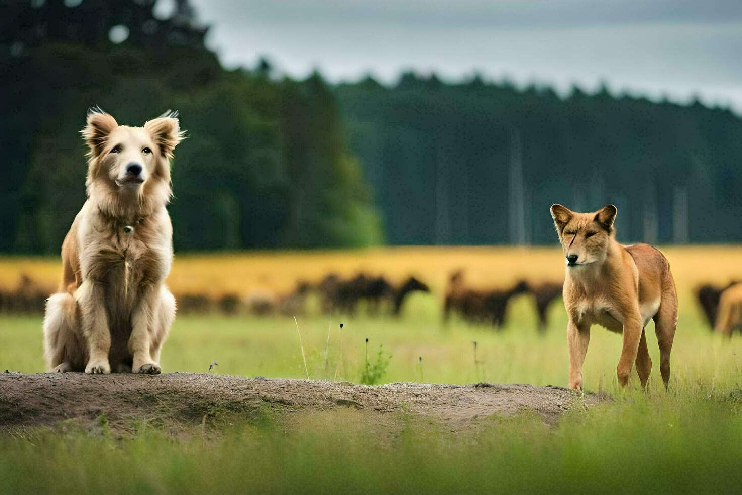 dois cachorros estão em pé dentro uma campo com gado. gerado por IA foto
