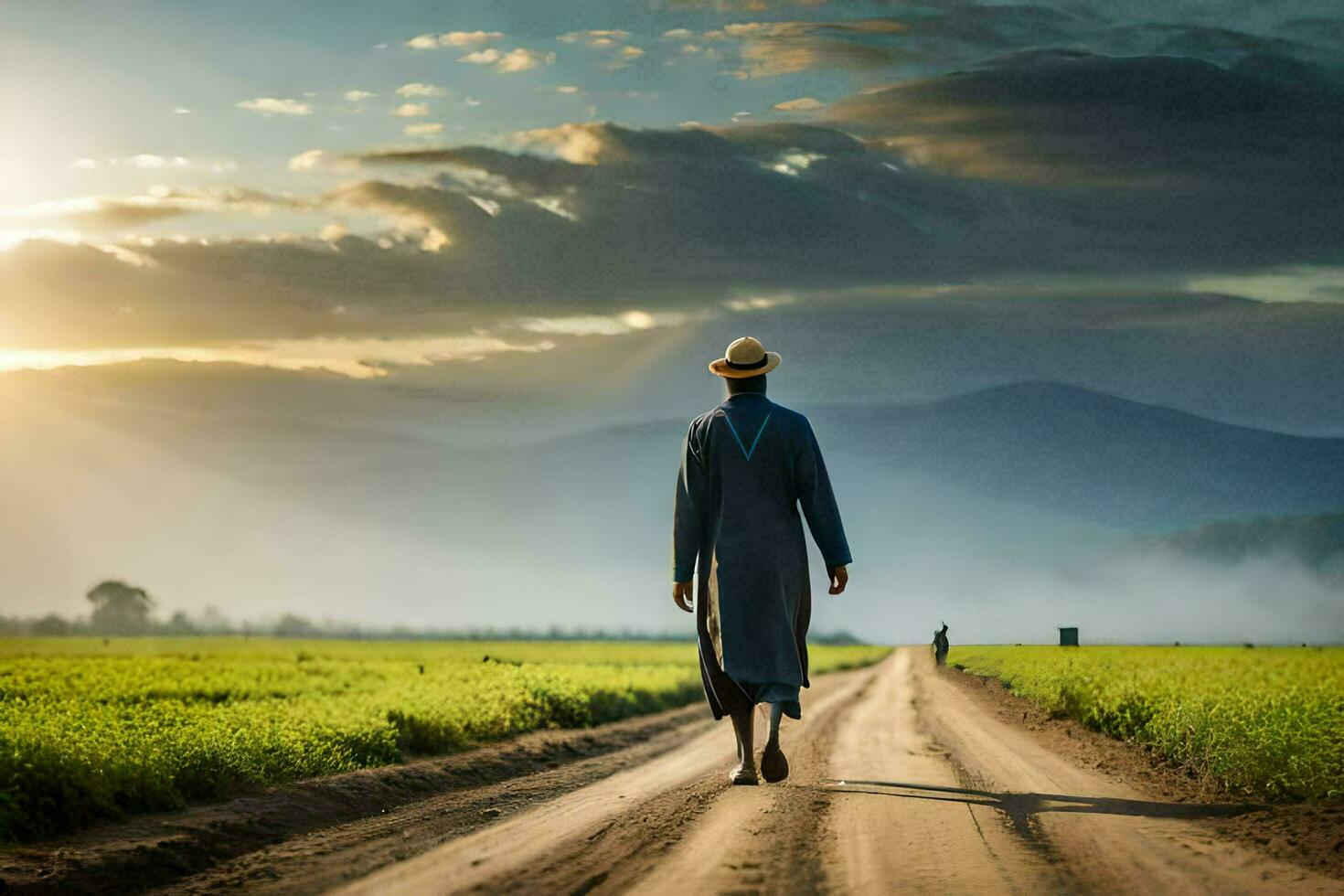 uma homem caminhando baixa uma sujeira estrada dentro a meio do uma campo. gerado por IA foto