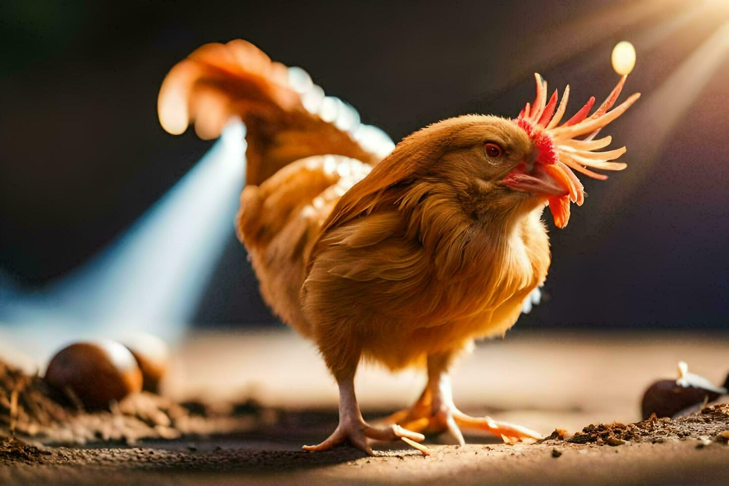 uma frango com uma vermelho cabeça em pé em a chão. gerado por IA foto