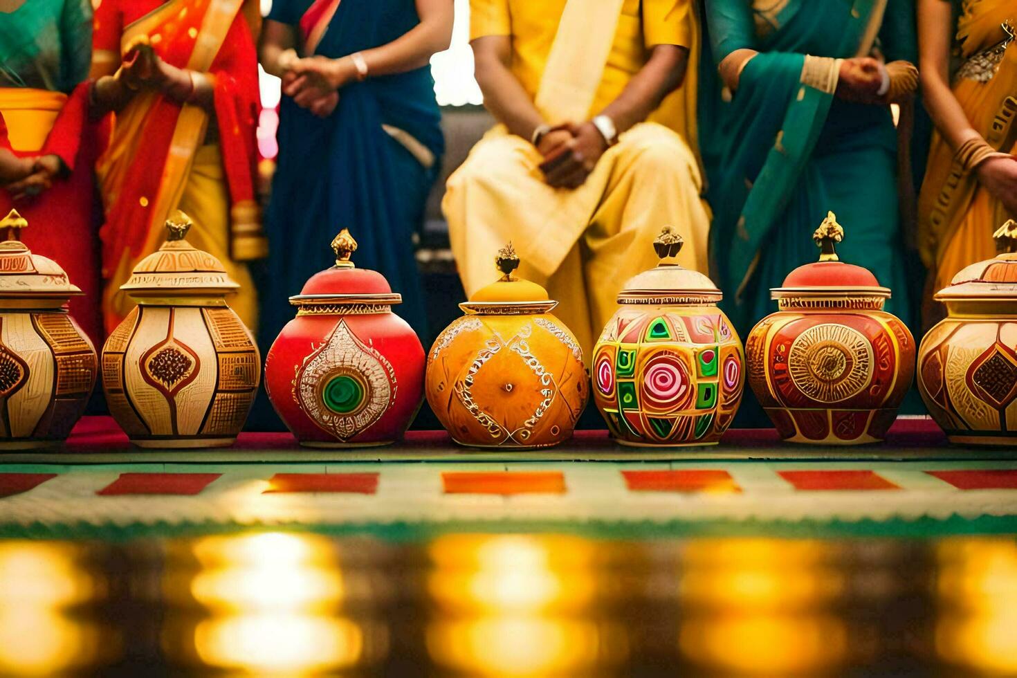 indiano Casamento cerimônia com colorida potes. gerado por IA foto