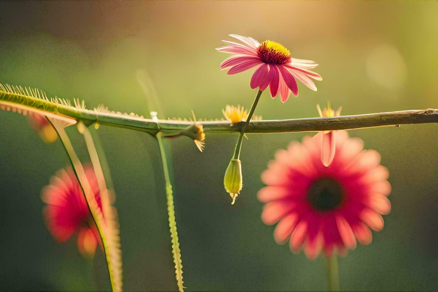 Rosa flores em uma ramo com luz solar brilhando através. gerado por IA foto