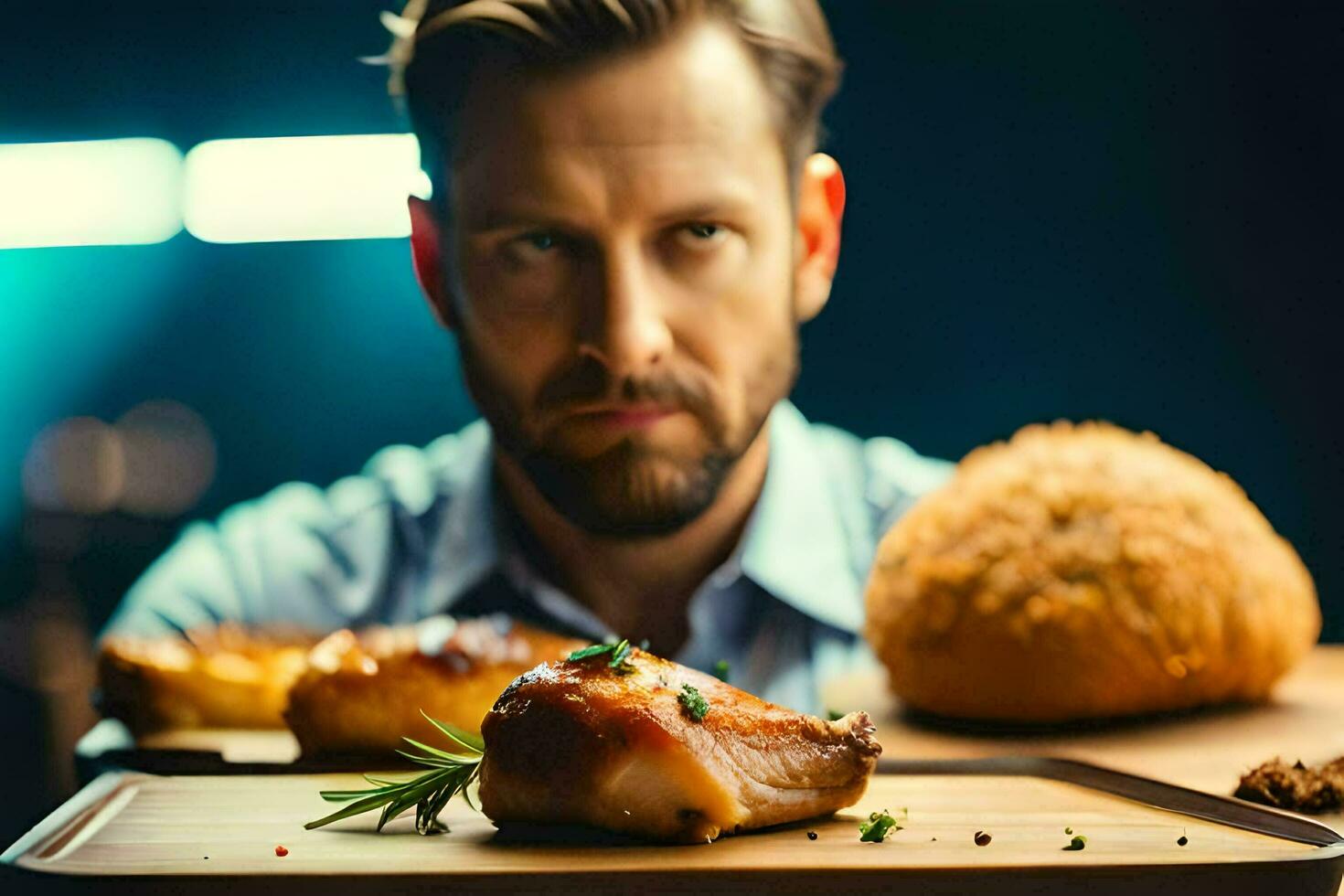 uma homem é sentado às uma mesa com Comida em isto. gerado por IA foto