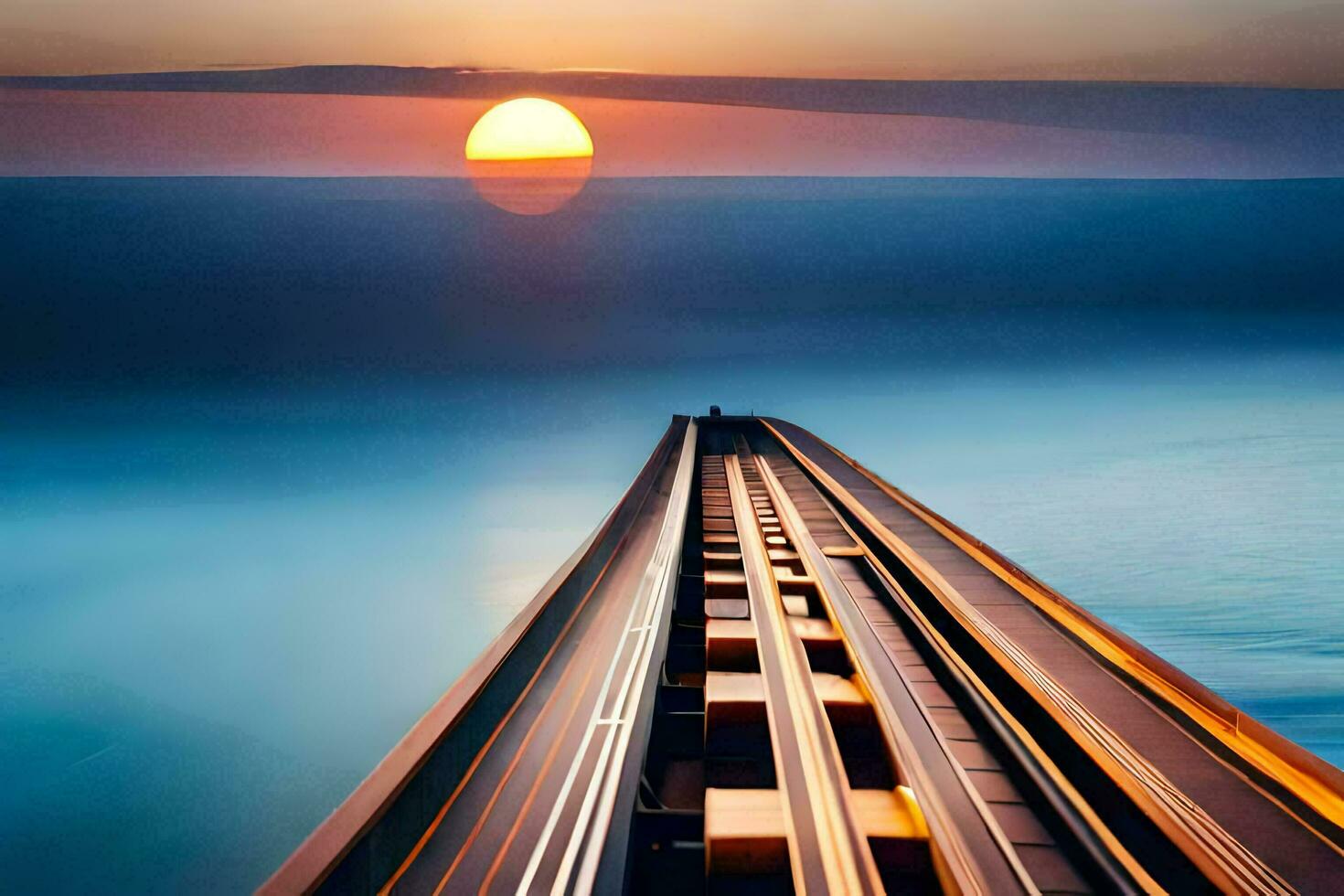 uma trem rastrear indo sobre a oceano às pôr do sol. gerado por IA foto