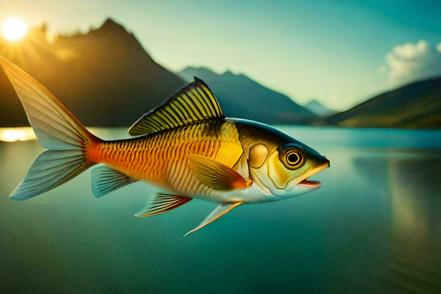 uma peixe natação dentro a água com montanhas dentro a fundo. gerado por IA foto