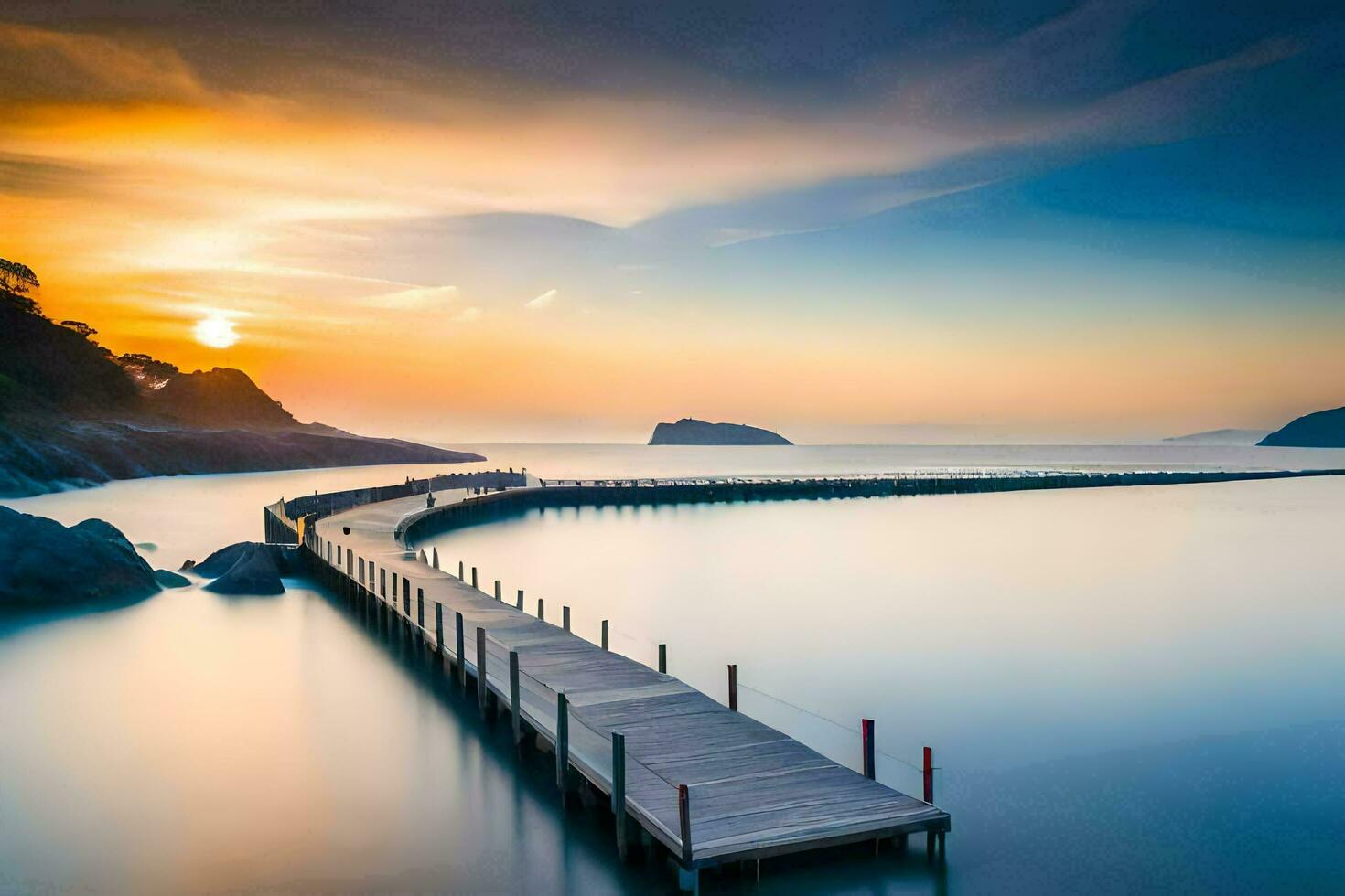 uma grandes cais alongar para dentro a oceano às pôr do sol. gerado por IA foto