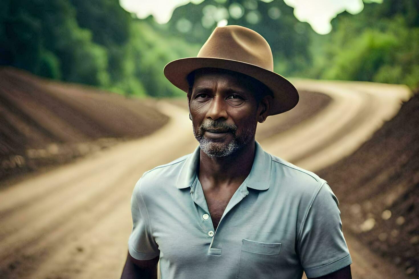 uma homem vestindo uma chapéu carrinhos em uma sujeira estrada. gerado por IA foto