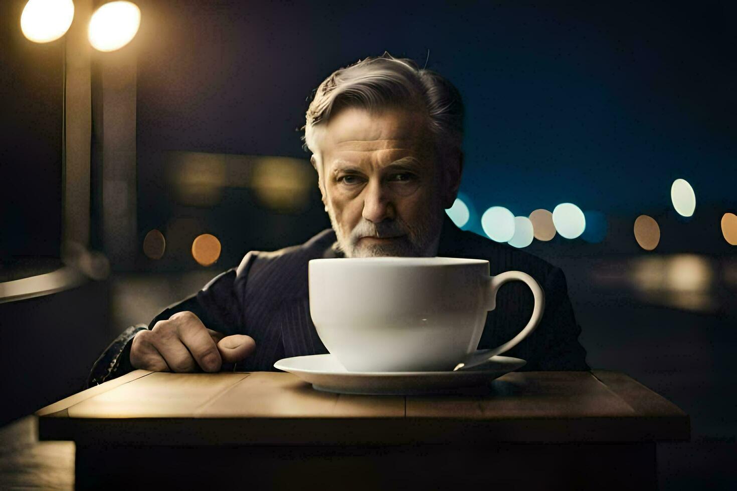 uma homem sentado às uma mesa com uma café copo. gerado por IA foto