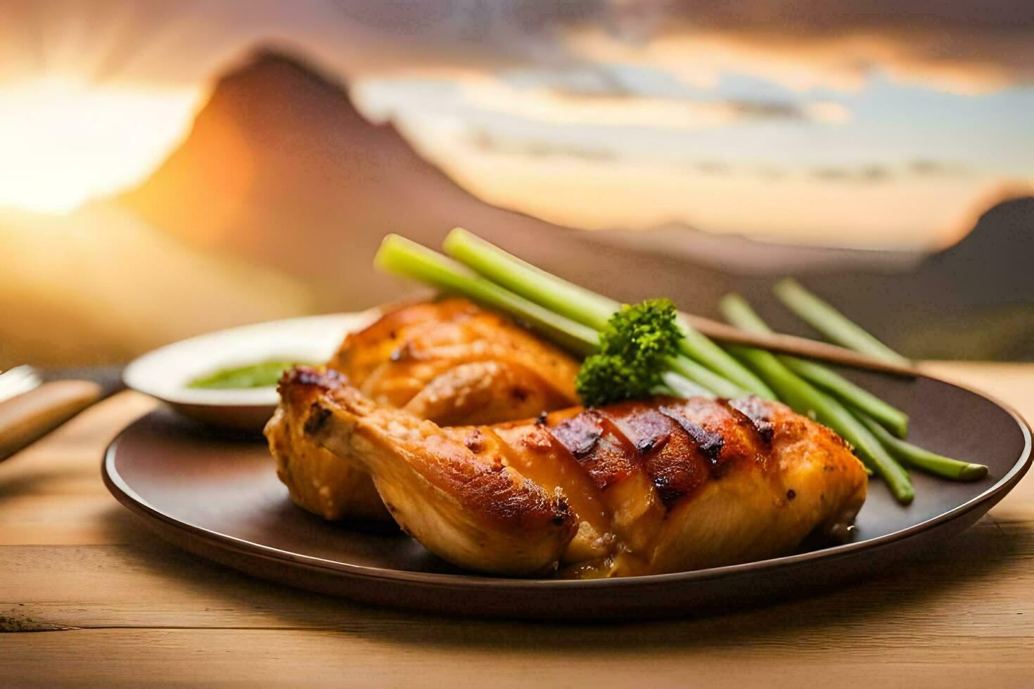 grelhado frango em uma prato com verde feijões e uma faca. gerado por IA foto