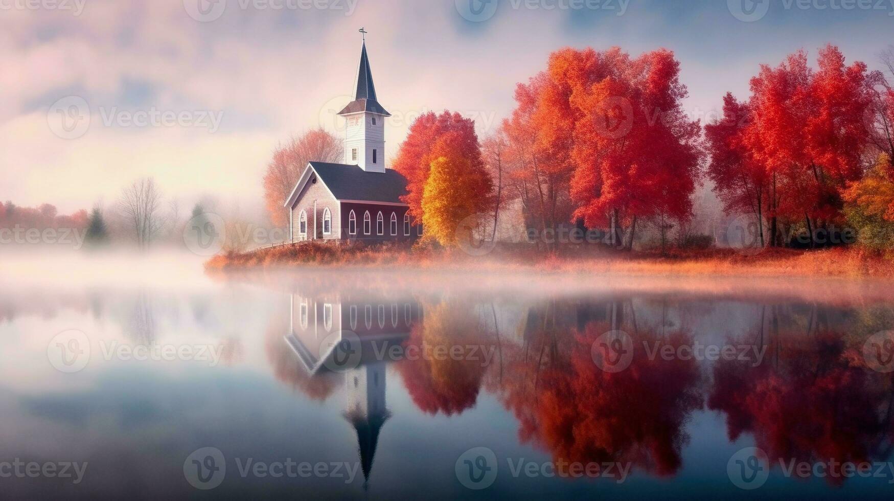 uma lindo pequeno branco de madeira Igreja refletindo dentro uma lago dentro outono, lindo vermelho árvore cores, uma luz névoa generativo ai foto