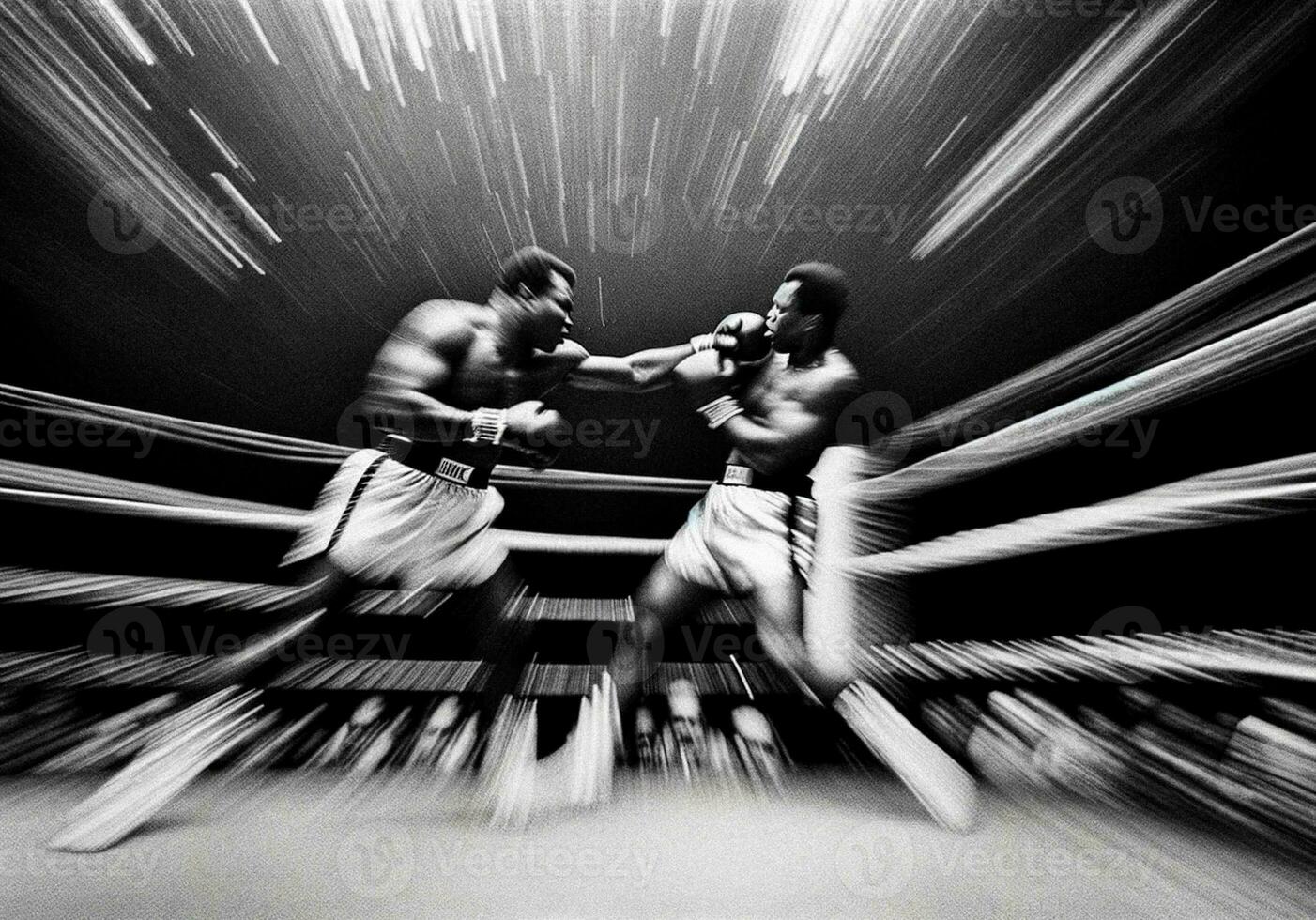 histórico Preto e branco peso pesado boxe corresponder, gerado por IA poder soco foto