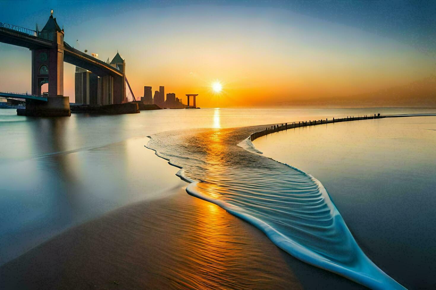 a Sol conjuntos sobre a água e uma ponte. gerado por IA foto