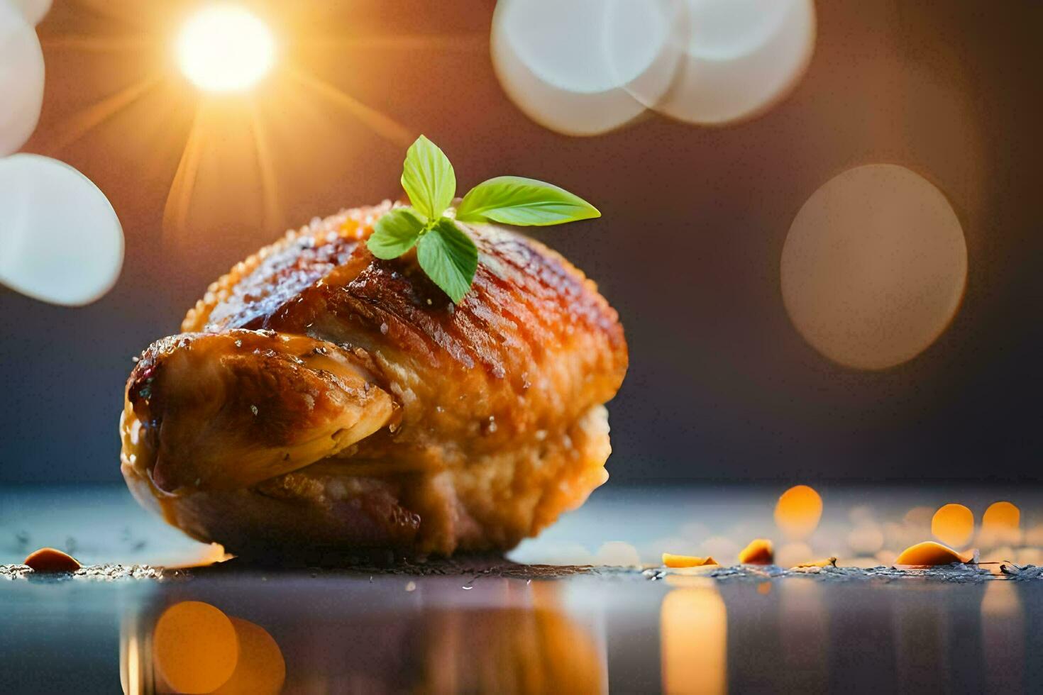 uma frango é sentado em uma mesa com uma folha em isto. gerado por IA foto