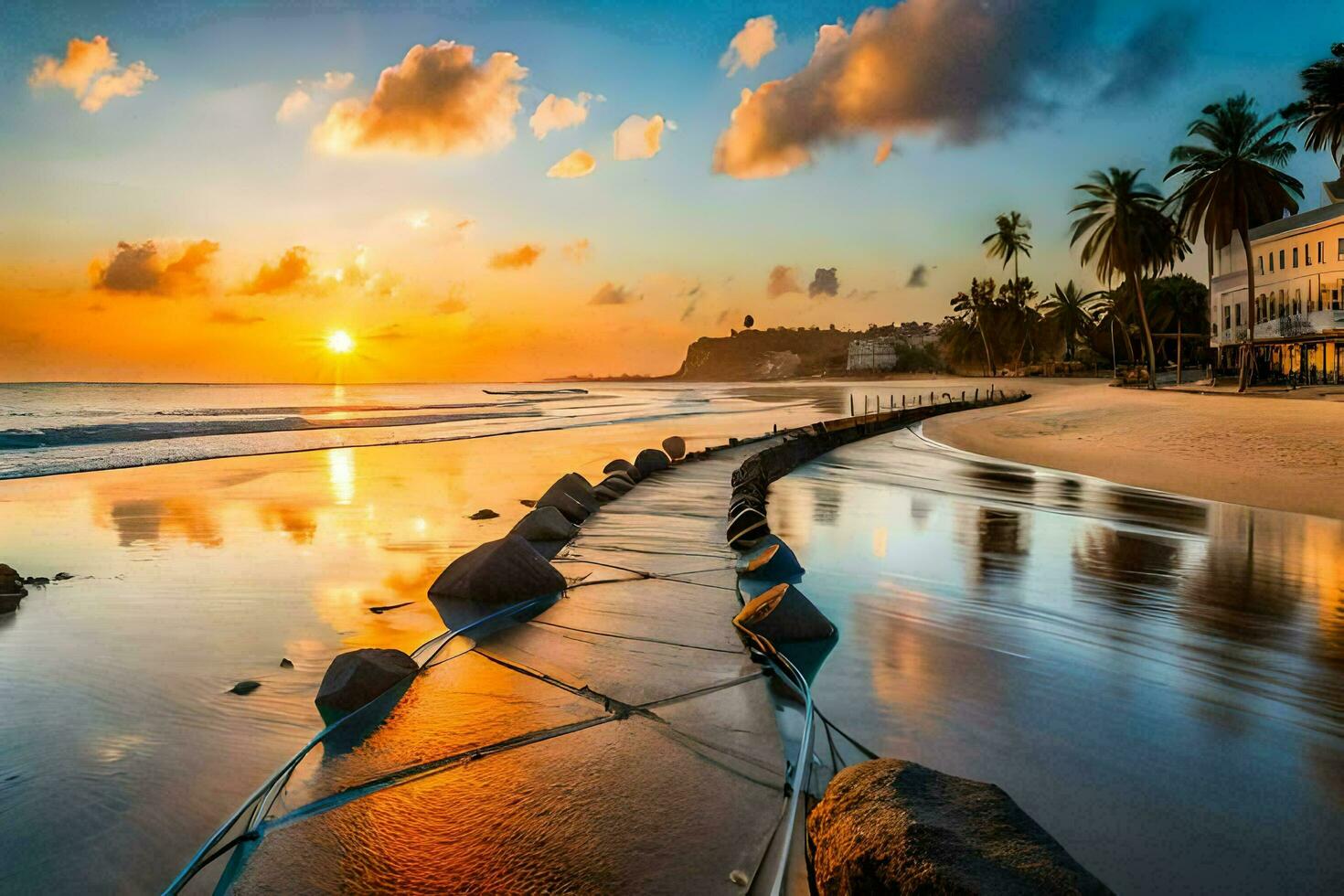 uma de praia com pedras e uma pôr do sol. gerado por IA foto