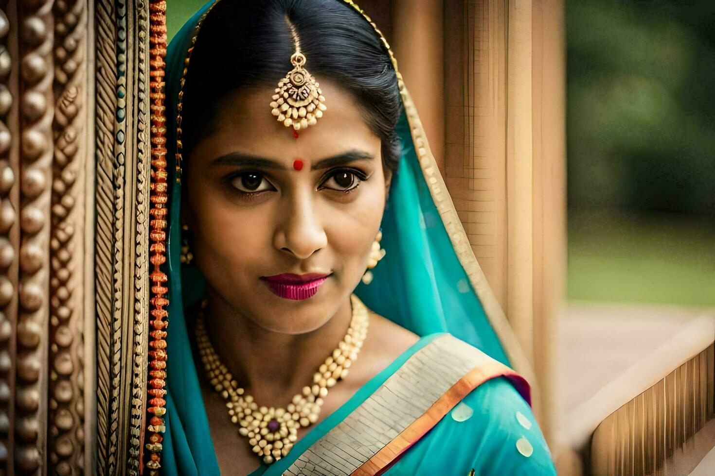 uma lindo indiano noiva dentro tradicional traje. gerado por IA foto