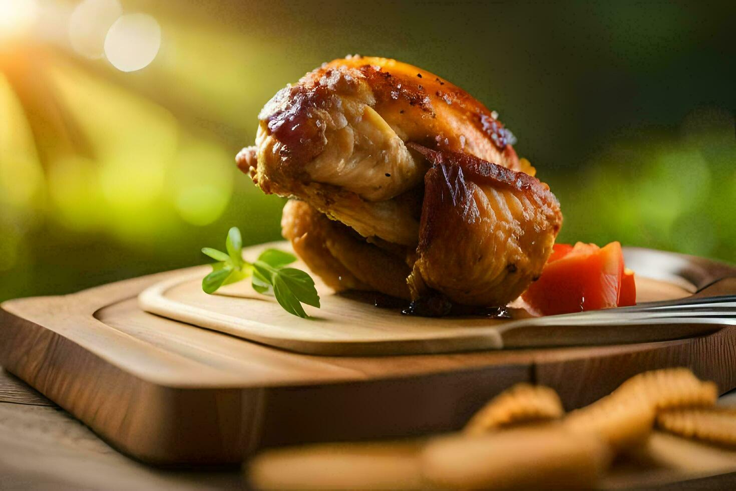 uma frango em uma de madeira corte borda com uma faca e uma tomate. gerado por IA foto