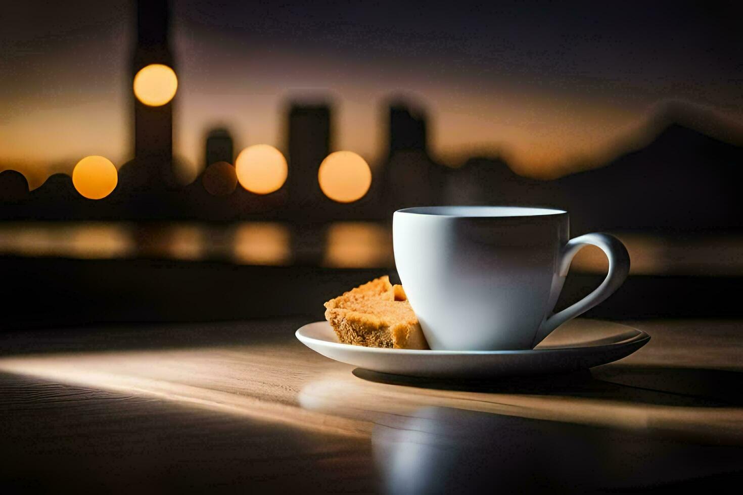 uma copo do café e uma fatia do bolo em uma mesa dentro frente do uma paisagem urbana. gerado por IA foto