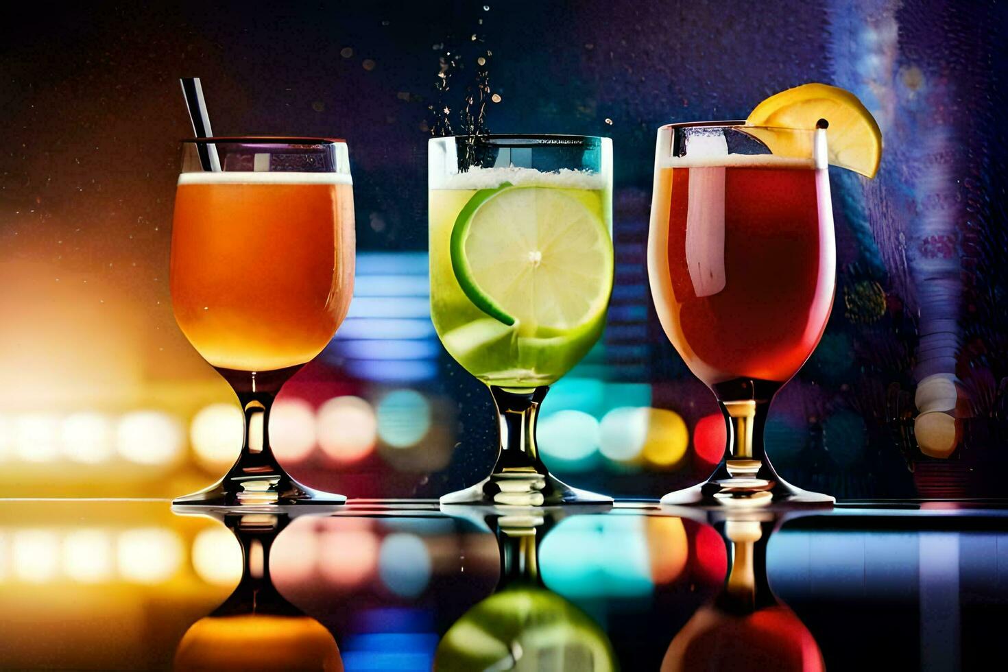três diferente bebidas estão mostrando dentro frente do uma cidade Horizonte. gerado por IA foto