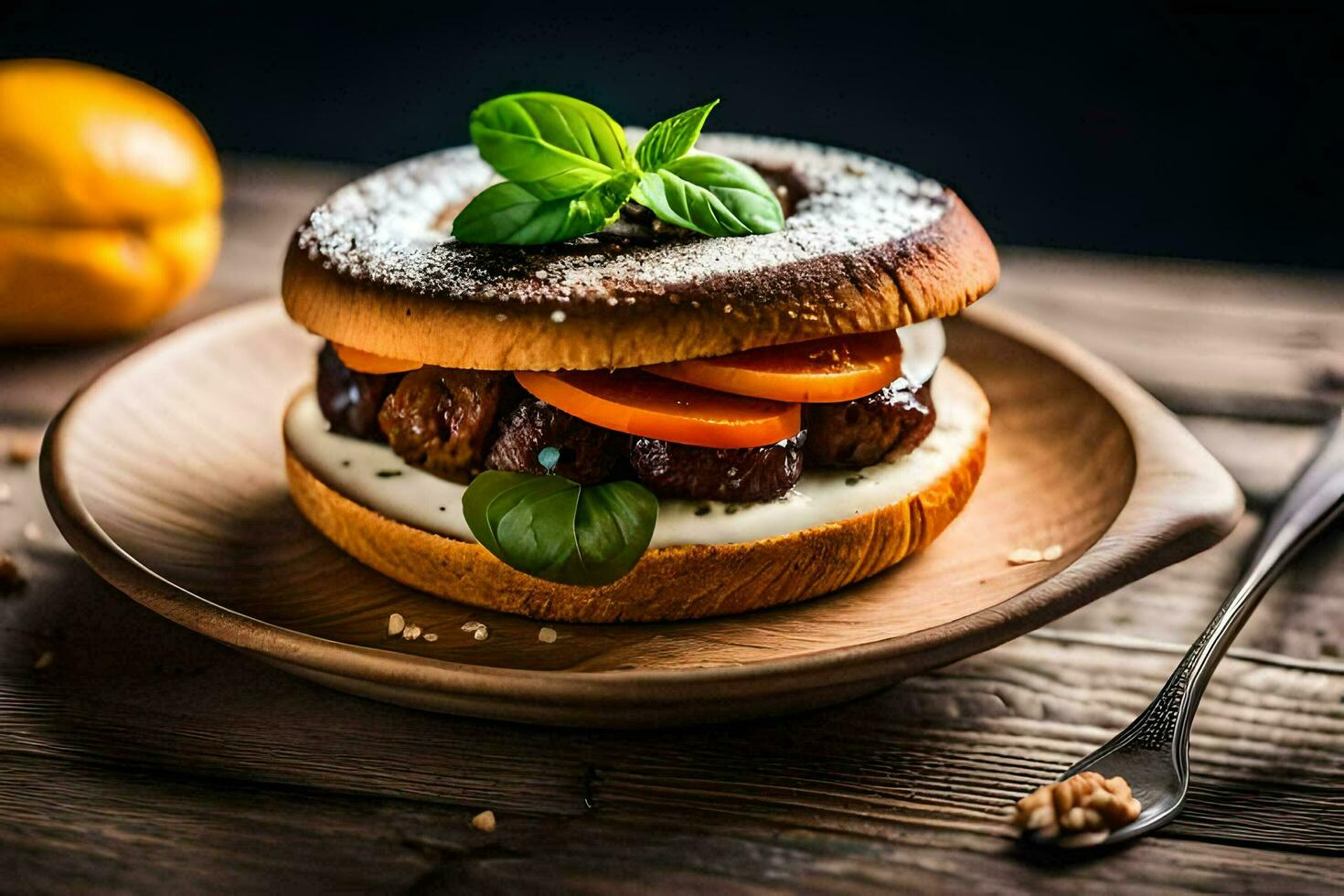 uma bagel com carne e queijo em isto. gerado por IA foto