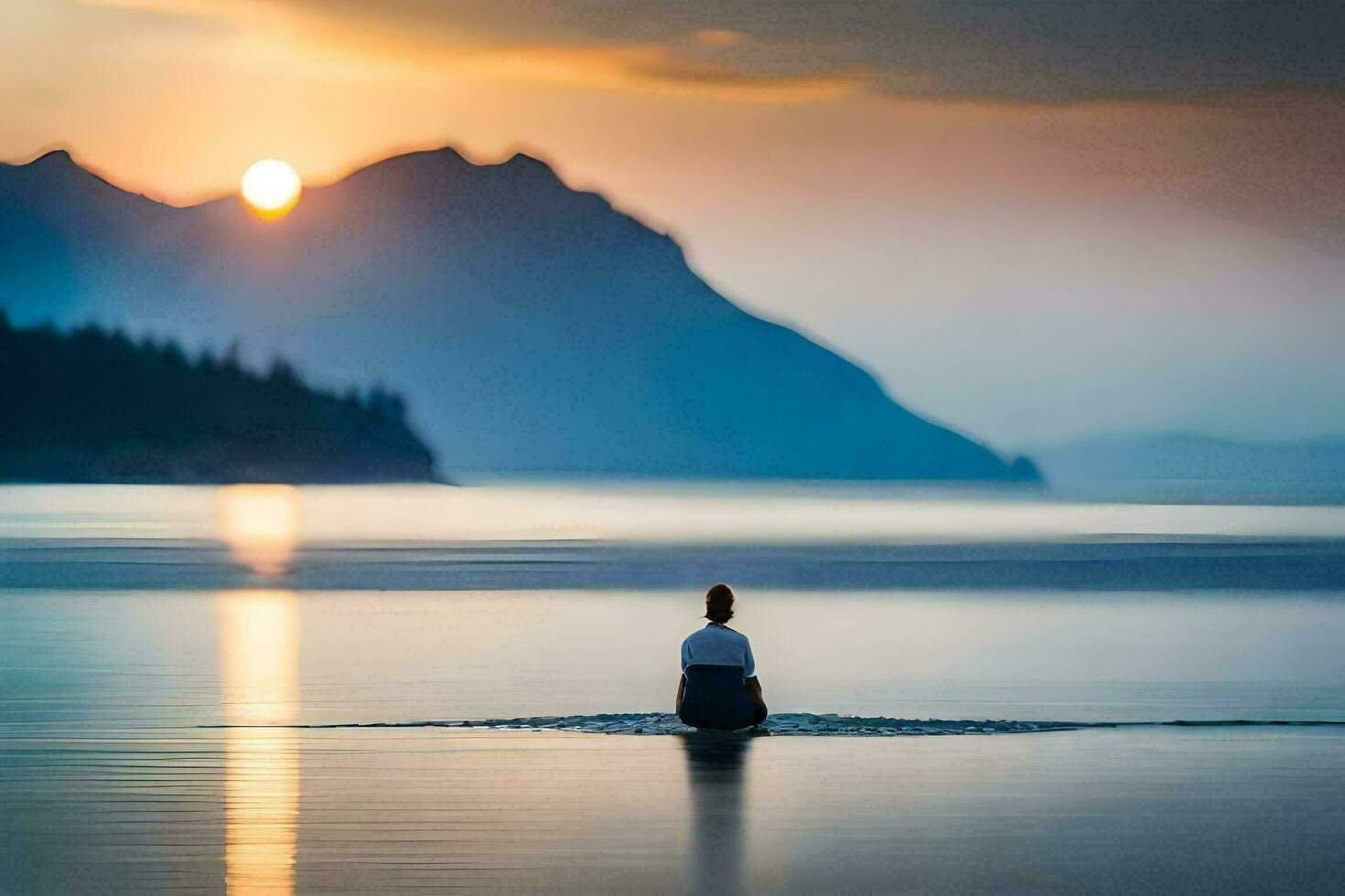 uma pessoa sentado dentro a água às pôr do sol. gerado por IA foto