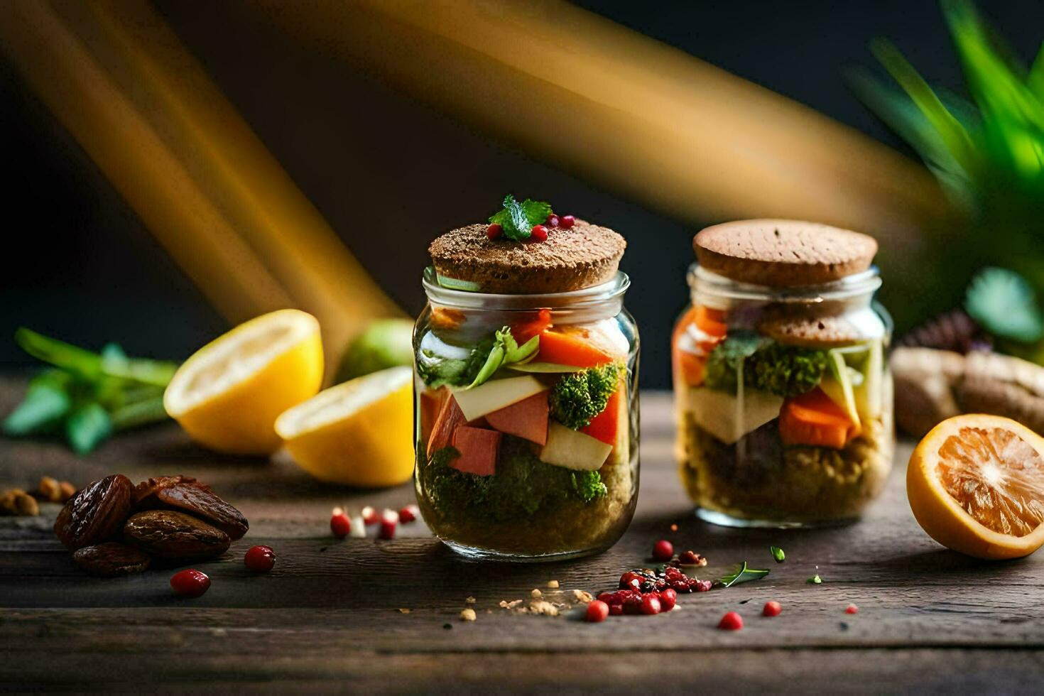 dois frascos preenchidas com Comida em uma de madeira mesa. gerado por IA foto