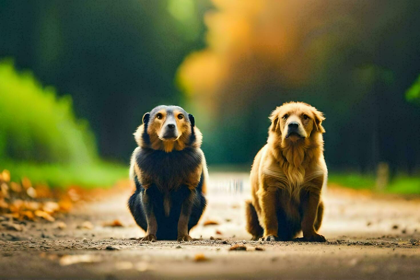 dois cachorros sentado em a estrada dentro a madeiras. gerado por IA foto