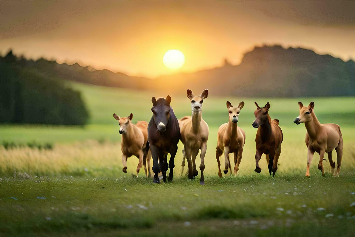 cavalos corrida dentro a pôr do sol. gerado por IA foto