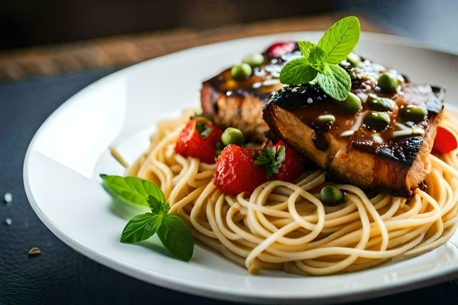 uma prato do espaguete com carne e tomates. gerado por IA foto