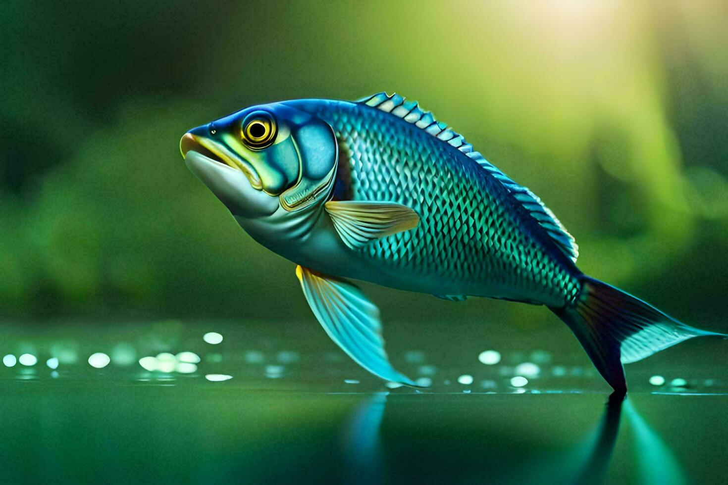 uma peixe é flutuando dentro a água com uma verde fundo. gerado por IA foto